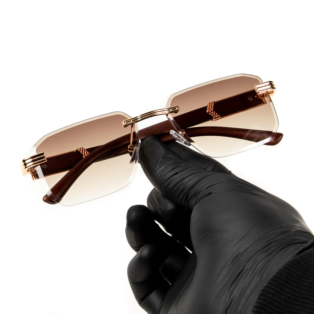 Rimless Gold Frame Brown Gradient Tint Men&#39;s Woodgrain Sunglasses