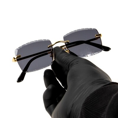Men&#39;s Gold Wire Frame Hip Hop Gem Cut Dark Gray Tint ​Rimless Sunglasses