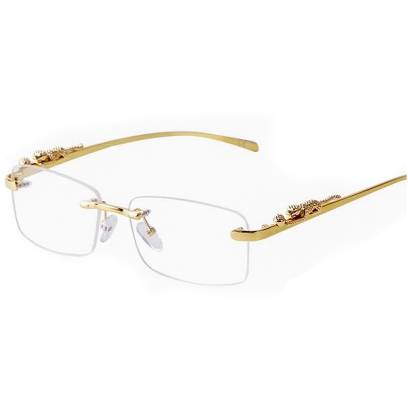 Vintage Gold Frame Rectangle Rimless Men&#39;s Clear Lens Retro Hip Hop Leopard Arm  Eye Glasses