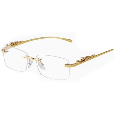 Vintage Gold Frame Rectangle Rimless Men&#39;s Clear Lens Retro Hip Hop Leopard Arm  Eye Glasses