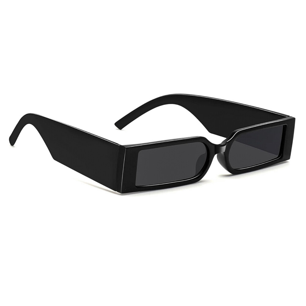 Narrow Dark Black Retro Rectangle Shades Men&#39;s Women&#39;s Thin Frame 90&#39;s Trendy Designer Square Sunglasses