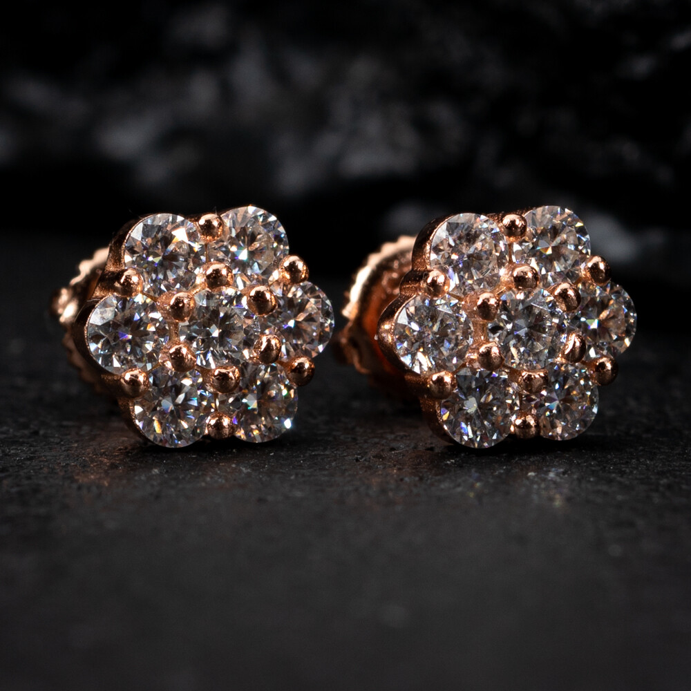 Round VVS D Color Moissanite Rose Gold Plated Flower Cluster 925 Sterling Silver Hip Hop Stud Earrings