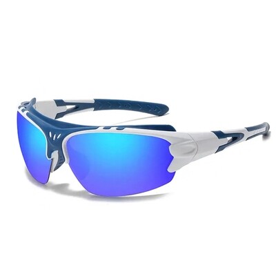 White And Blue Shield Wraparound Sports Windproof Riding Running Outdoor Mirrored Reflective Sunglasses