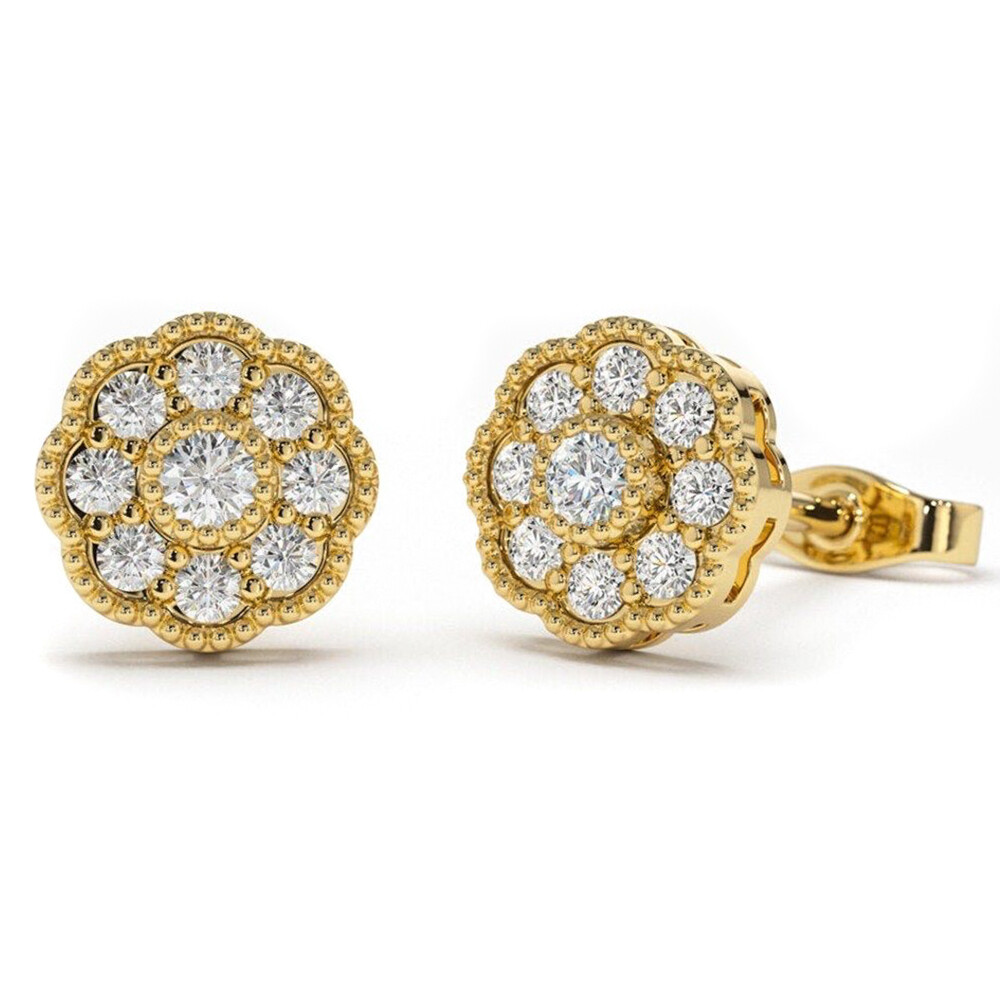 Round Small Iced Cz Flower Cluster 14K Yellow Gold Sterling Silver Stud Screw Back Stud Earrings