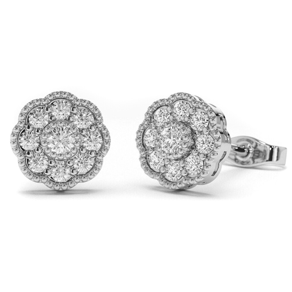 Round Small Iced Cz Flower Cluster White Gold Sterling Silver Stud Screw Back Stud Circle Earrings