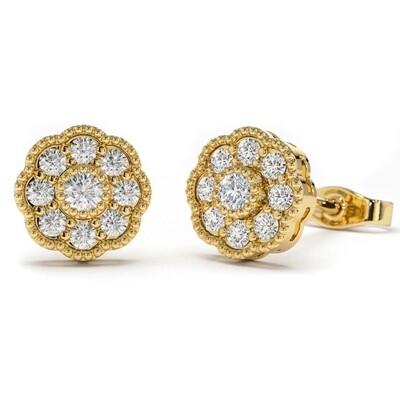 Round Small Iced Cz Flower Cluster 14K Yellow Gold Sterling Silver Stud Screw Back Stud Earrings