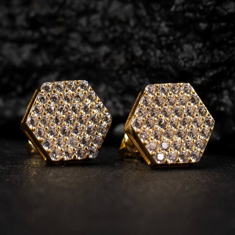Large Hexagon Men's Women's 14K Yellow Gold 925 Sterling Silver Cz Hip Hop Stud Earrings