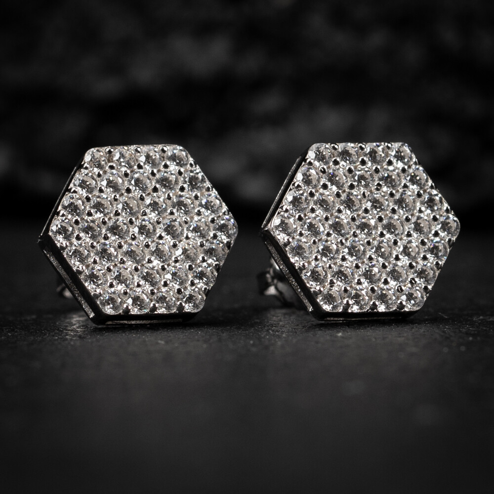 Large Hexagon Shape Men&#39;s Women&#39;s 14K White Gold 925 Sterling Silver Cz Hip Hop Stud Screw Back Earrings