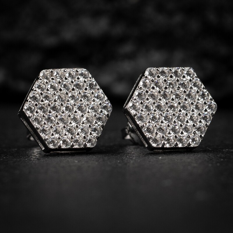 Large Hexagon Shape Men's Women's 14K White Gold 925 Sterling Silver Cz Hip Hop Stud Screw Back Earrings