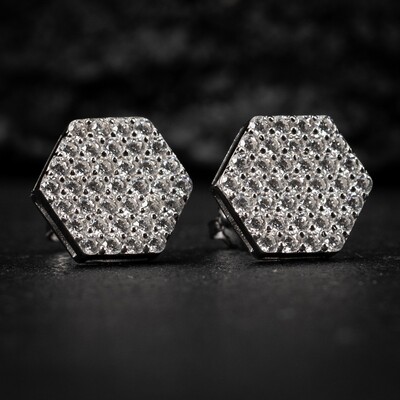 Large Hexagon Shape Men&#39;s Women&#39;s 14K White Gold 925 Sterling Silver Cz Hip Hop Stud Screw Back Earrings