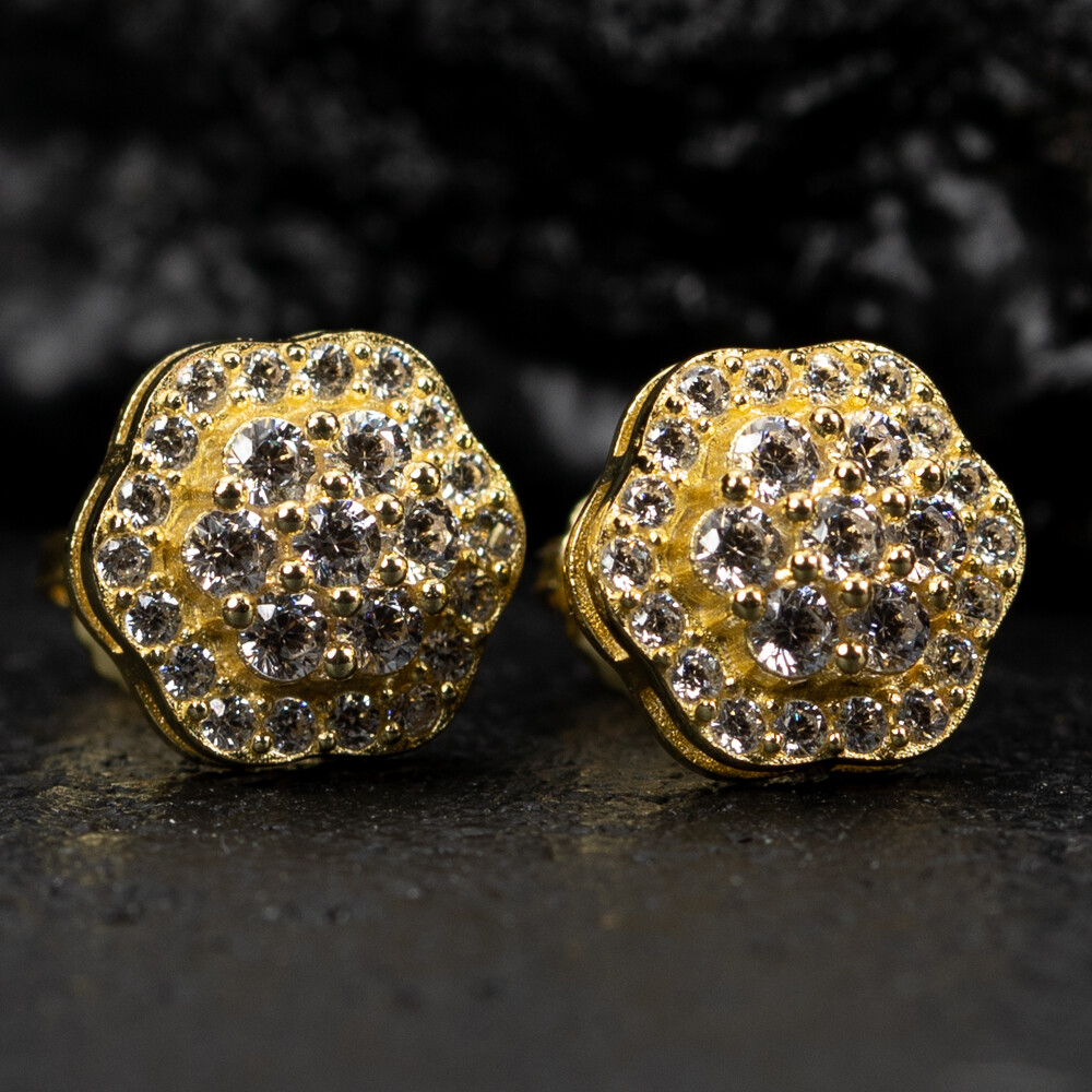 Round Iced Cz Flower Cluster 14K Yellow Gold Sterling Silver Stud Screw Back Stud Earrings