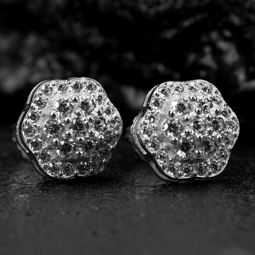 Round Iced Cz Flower Cluster 14K White Gold Sterling Silver Stud Screw Back Stud Earrings