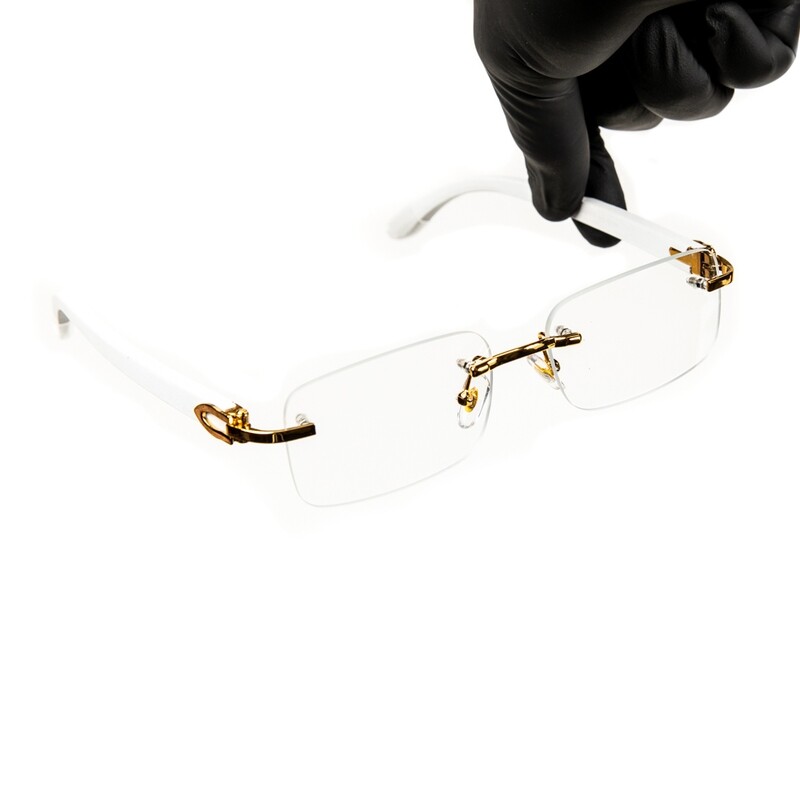 Rectangular Gold Frame White Wood Arm Unisex Square Frameless Men’s Women Clear Tint Rectangle Hip Hop Buffs Eye Glasses