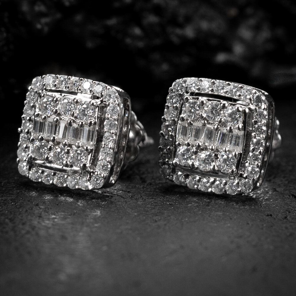 Men&#39;s Square Iced Cz Baguette 14K White Gold Sterling Silver Hip Hop Stud Screw Back Stud Earrings