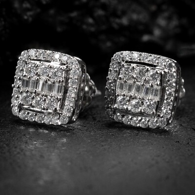 Men&#39;s Square Iced Cz Baguette 14K White Gold Sterling Silver Hip Hop Stud Screw Back Stud Earrings