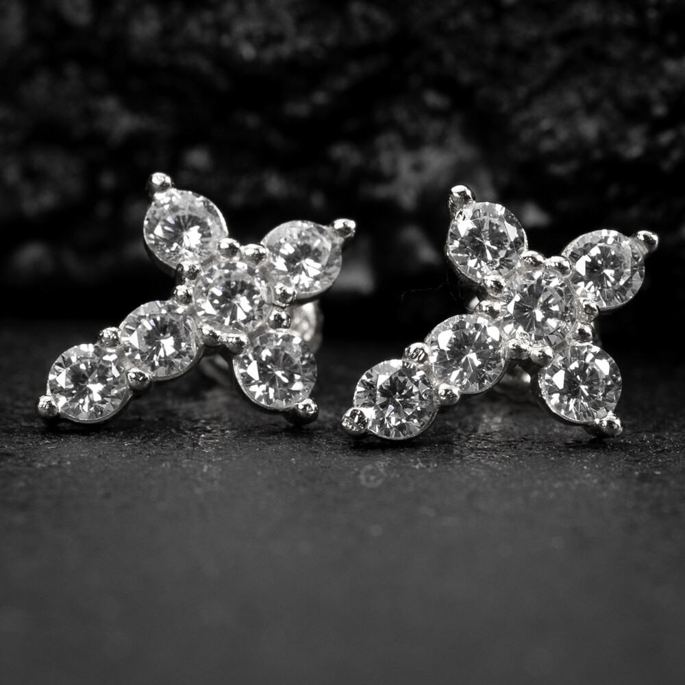 Men&#39;s Women&#39;s Iced Cz Solitaire 14K White Gold Sterling Silver Cross Screw Back Stud Earrings