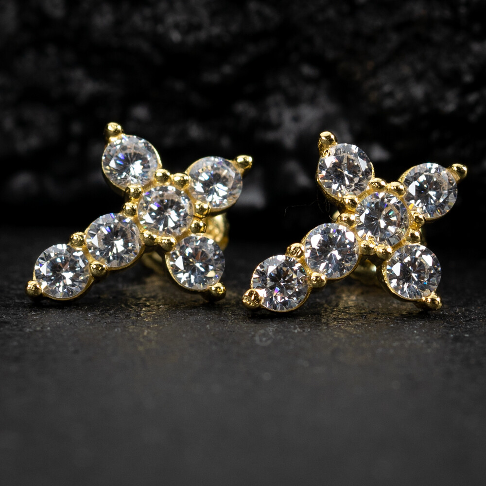 Men&#39;s Women&#39;s Iced Cz Solitaire 14K Yellow Gold Sterling Silver Cross Screw Back Stud Earrings