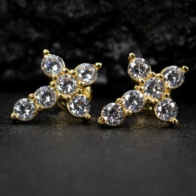 Men&#39;s Women&#39;s Iced Cz Solitaire 14K Yellow Gold Sterling Silver Cross Screw Back Stud Earrings