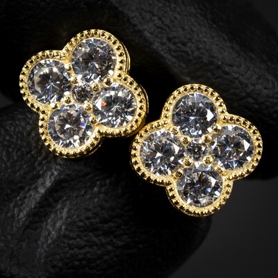 Iced Cz Four Leaf Clover Flower Cluster 14K Yellow Gold Sterling Silver Stud Screw Back Stud Earrings
