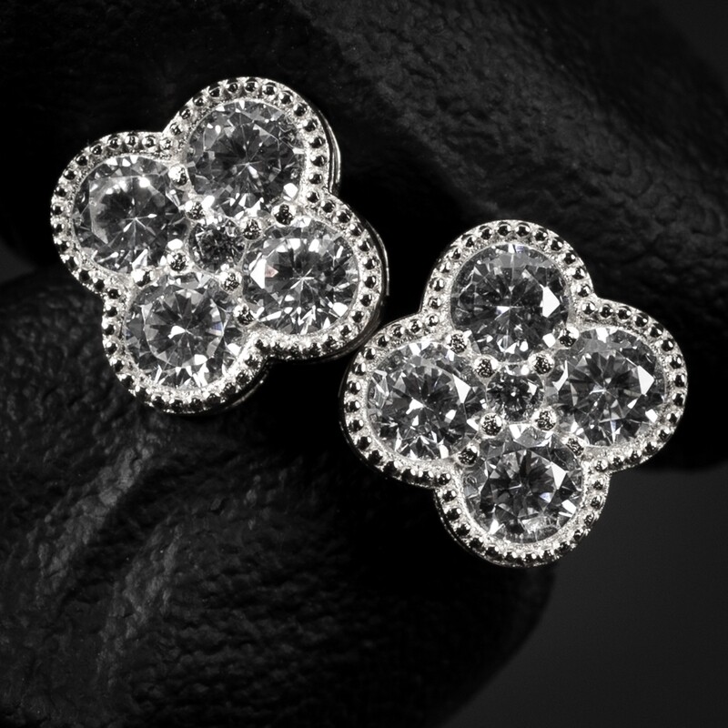 Iced Cz Four Leaf Clover Flower Cluster 14K White Gold Sterling Silver Stud Screw Back Stud Earrings