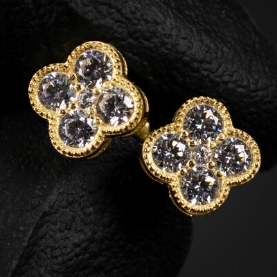 Small Iced Cz Four Leaf Clover Flower Cluster 14K Yellow Gold Sterling Silver Stud Screw Back Stud Earrings