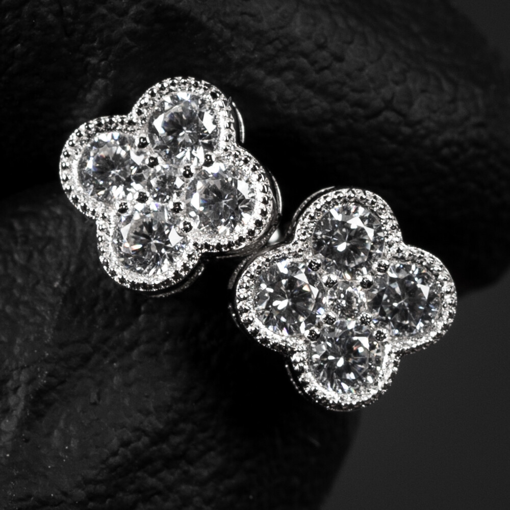 Small Iced Cz Four Leaf Clover Flower Cluster 14K White Gold Sterling Silver Stud Screw Back Stud Earrings