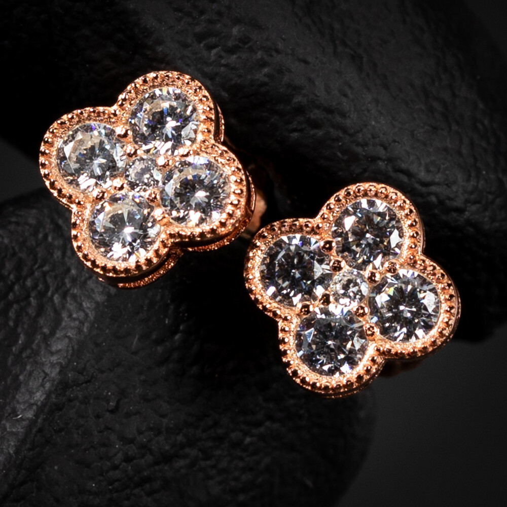 Small Iced Cz Four Leaf Clover Flower Cluster Pink 14K Rose Gold Sterling Silver Stud Screw Back Stud Earrings