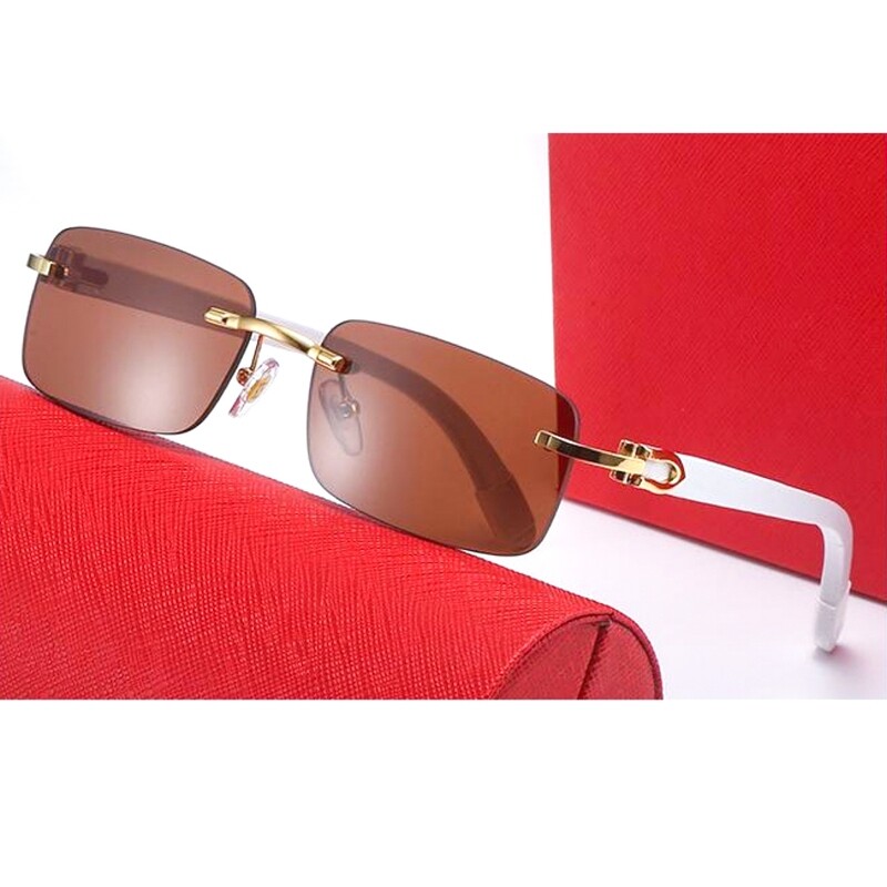 Men Women Luxury Brown Rimless Buffs White Wood Grain Arm Gold Frame Square Frameless Shades Sunglasses