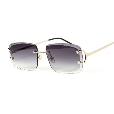 Purple Smoke Gray Tint Silver Frame Hip Hop Gem Cut Rimless Sunglasses For Men And Women