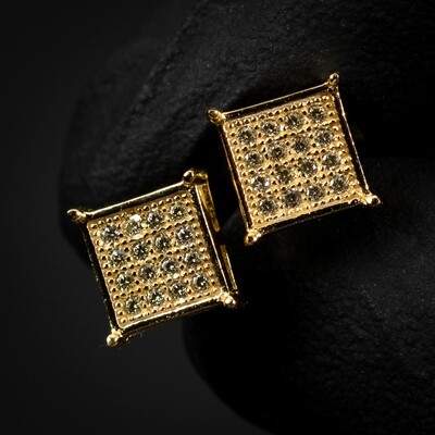 Mens 14K Yellow Gold 925 Sterling Silver Canary Yellow Small Square Hip Hop Stud Earrings