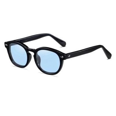 Round Retro Dark Black Plastic Frame Sky Blue Tint Lens Trendy Sunglasses for Men Women