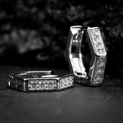 Small Mens Women&#39;s Geometric Silver Iced Cz Hexagon Huggie Hoop Earrings