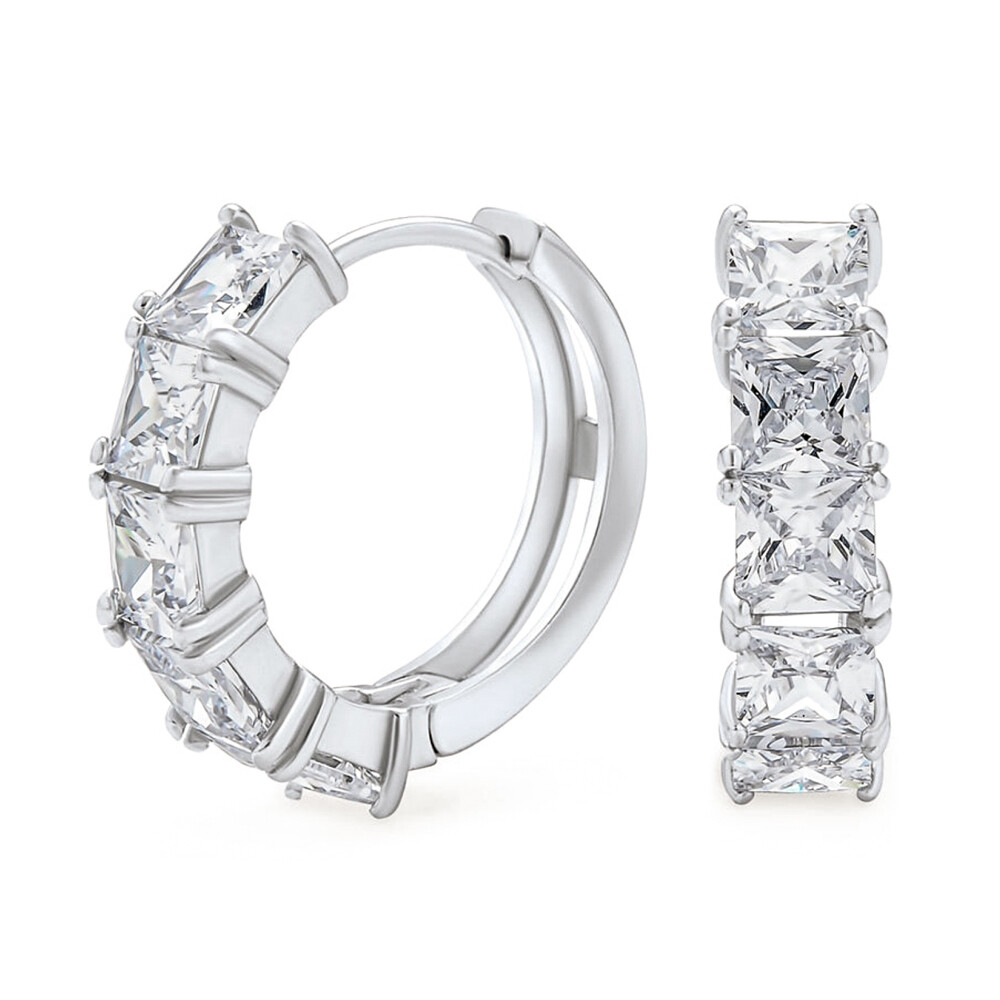 Small Princess Cut Channel Set Iced Cz Stone Men Women 925 Sterling Silver Small Huggie Hoop Earrings