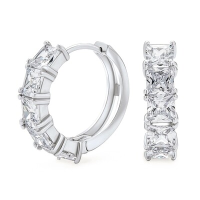 Small Princess Cut Channel Set Iced Cz Stone Men Women 925 Sterling Silver Small Huggie Hoop Earrings