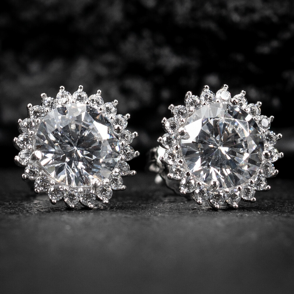 Men Women Round Halo Flower Cluster Spike 925 Sterling Silver Halo Circle Stud Earrings