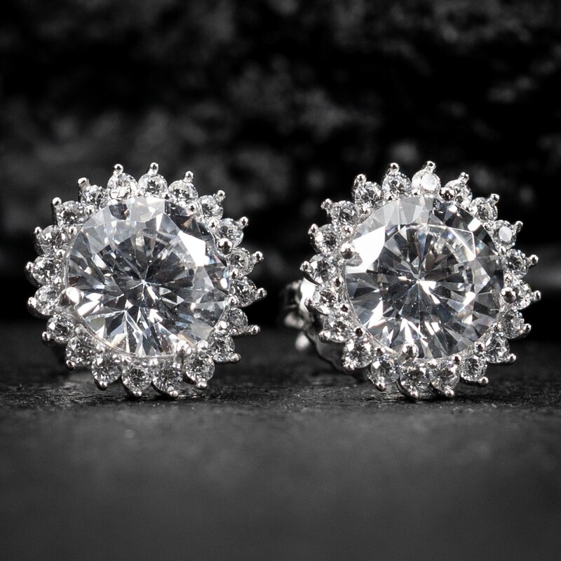Men Women Round Halo Flower Cluster Spike 925 Sterling Silver Halo Circle Stud Earrings