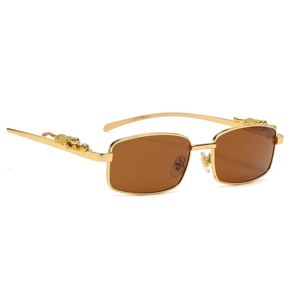 Mens Luxury Brown Rimless Leopard Arm Gold Frame Small Rectangular Frameless Shades Sunglasses