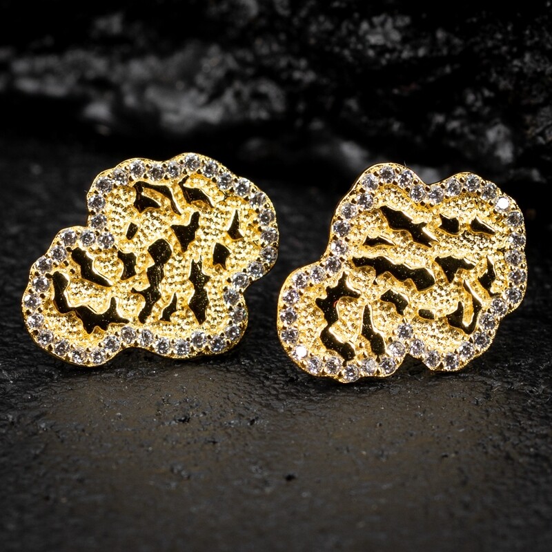 Iced 14K Yellow Gold Diamond Cut Nugget Hip Hop Stud Screw Back Earrings For Men
