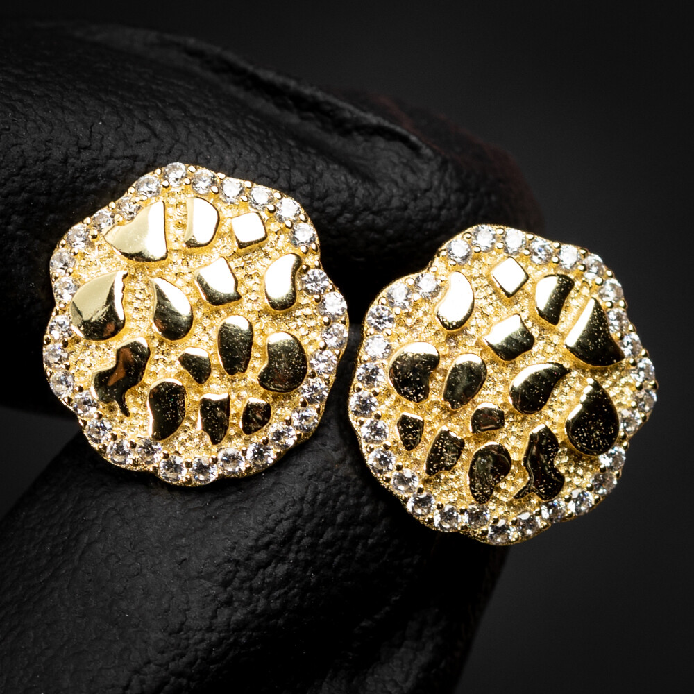 ​Men&#39;s Circle 14K Yellow Gold 925 Sterling Silver Iced Round Diamond Cut Nugget Earrings