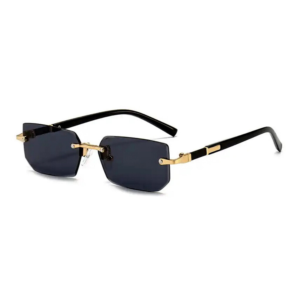 Men&#39;s Women&#39;s Rectangle Black Tinted Gold Frame Rimless Trendy Vintage Square Sunglasses