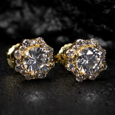 Small Sterling Silver Yellow Gold Flower Cluster Halo Stud Earrings