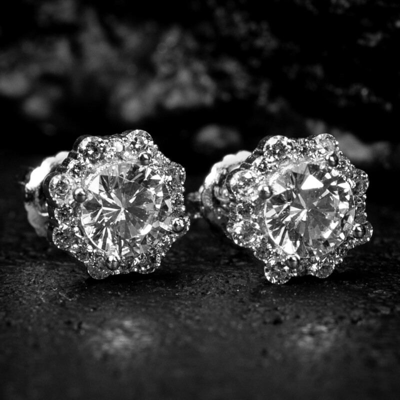 Brilliant Small 925 Sterling Silver White Gold Flower Cluster Round Halo Hip Hop Stud Earrings