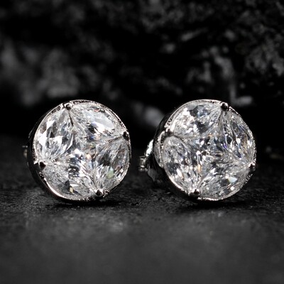 Round Marquise And Princess Cut Unisex 925 Sterling Silver White Gold Halo Brilliant Cut Earrings