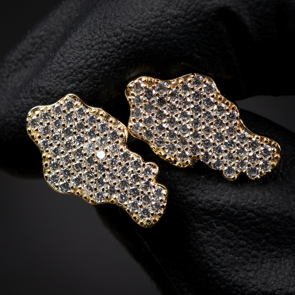 Men&#39;s Hip Hop Yellow Gold 925 Sterling Silver Honey Comb Set Cz 90&#39;s Retro Nugget Stud Earrings