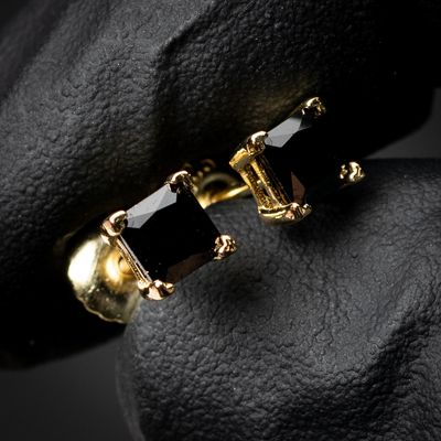 Small Yellow Gold 925 Sterling Silver Men&#39;s Black Onyx Princess Cut Stud Earrings