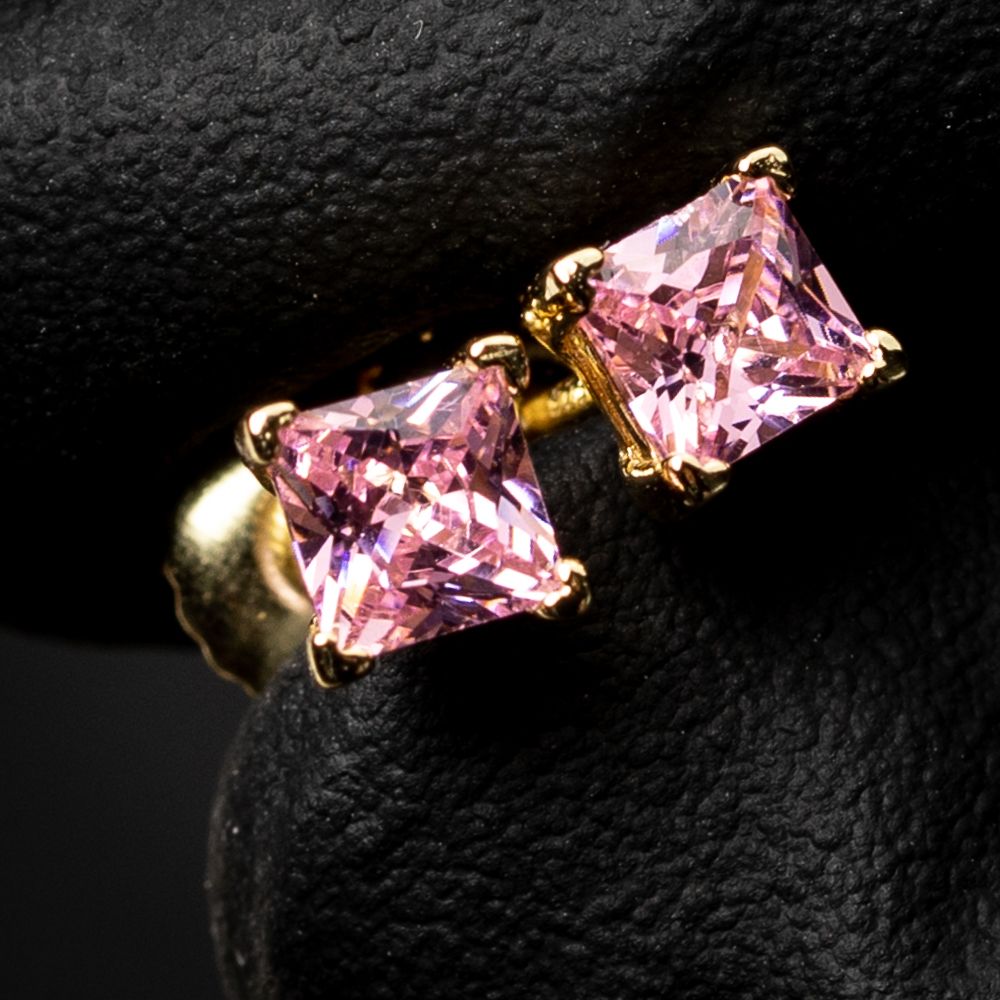 Women&#39; Small 14K Gold 925 Sterling Silver Square Pink Princess Cut Stud Earrings