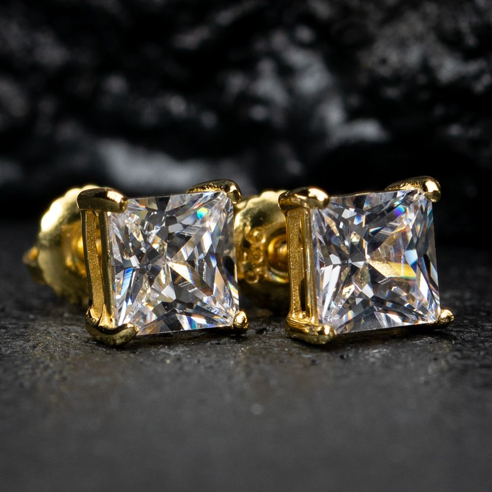 Yellow Small Gold Plated 925 Sterling Silver Princess Cut Screw Back Stud Earrings
