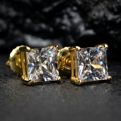 Yellow Small Gold Plated 925 Sterling Silver Princess Cut Screw Back Stud Earrings