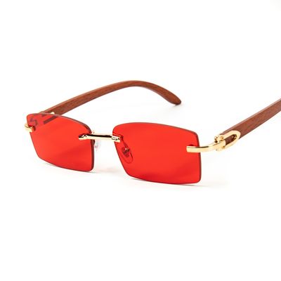 Gold Frame Woodgrain Rectangle Rimless Men Women&#39;s Red Tint Hip Hop Sunglasses