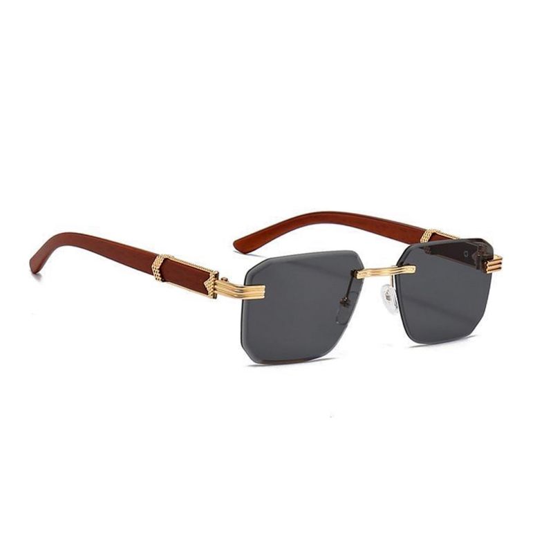 Gold Frame Black Gradient Tint Men&#39;s Rimless Hip Hop Woodgrain Sunglasses